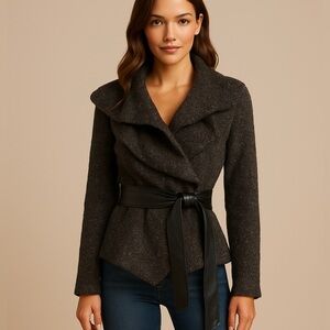 Double Zero Black and Brown Tweed Boucle Knit Belted Jacket